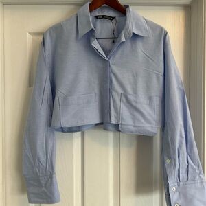Zara Sky Blue Button-Up Cropped Blouse